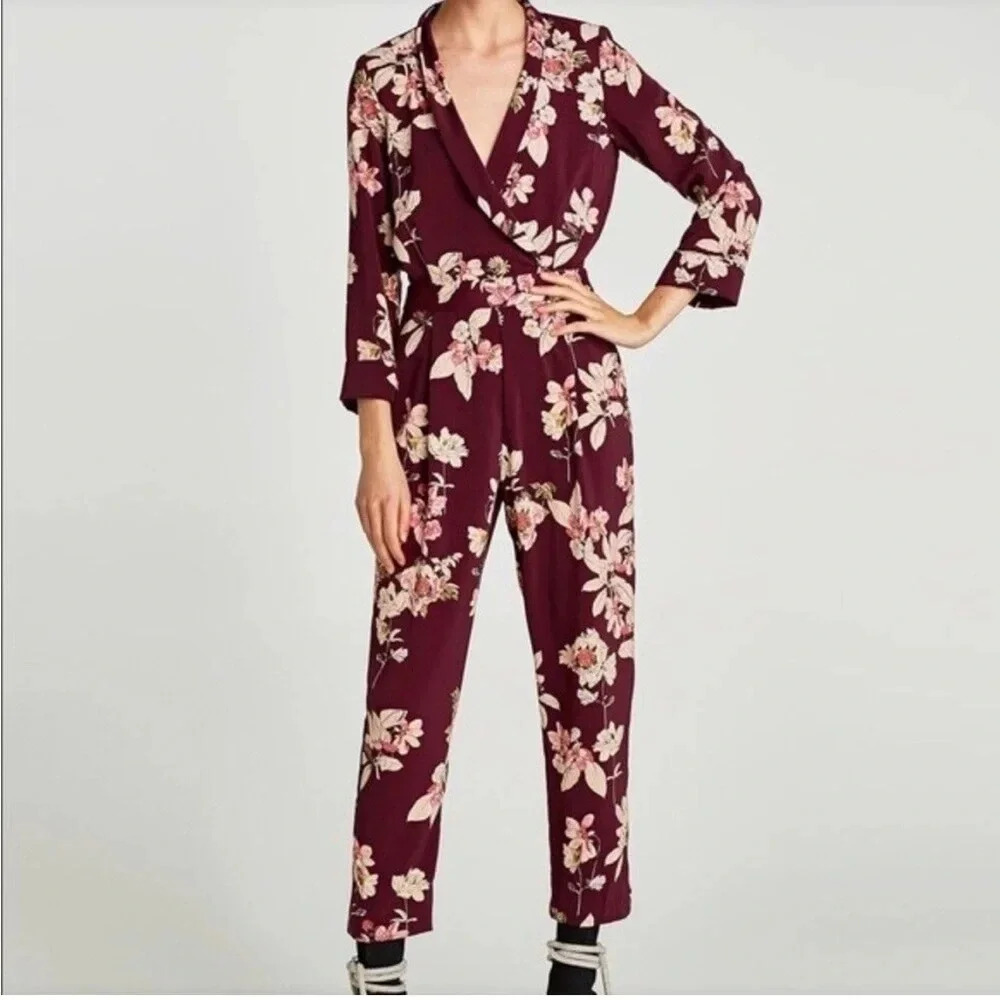 Zara Burgundy‎ Floral Print Jumpsuit Size Small